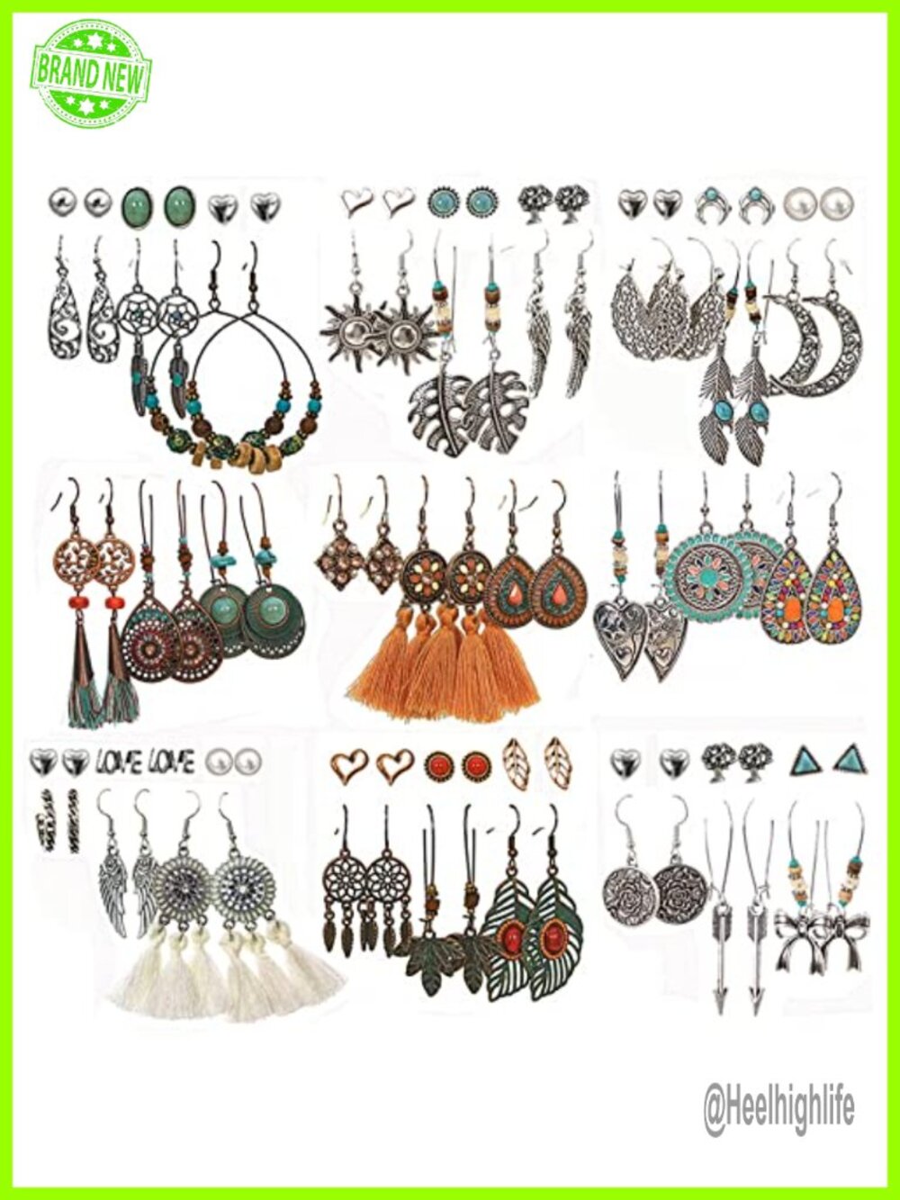 45 Pairs Boho Vintage Drop Dangle Earrings Set Bronze Alloy Tassel Waterdrop